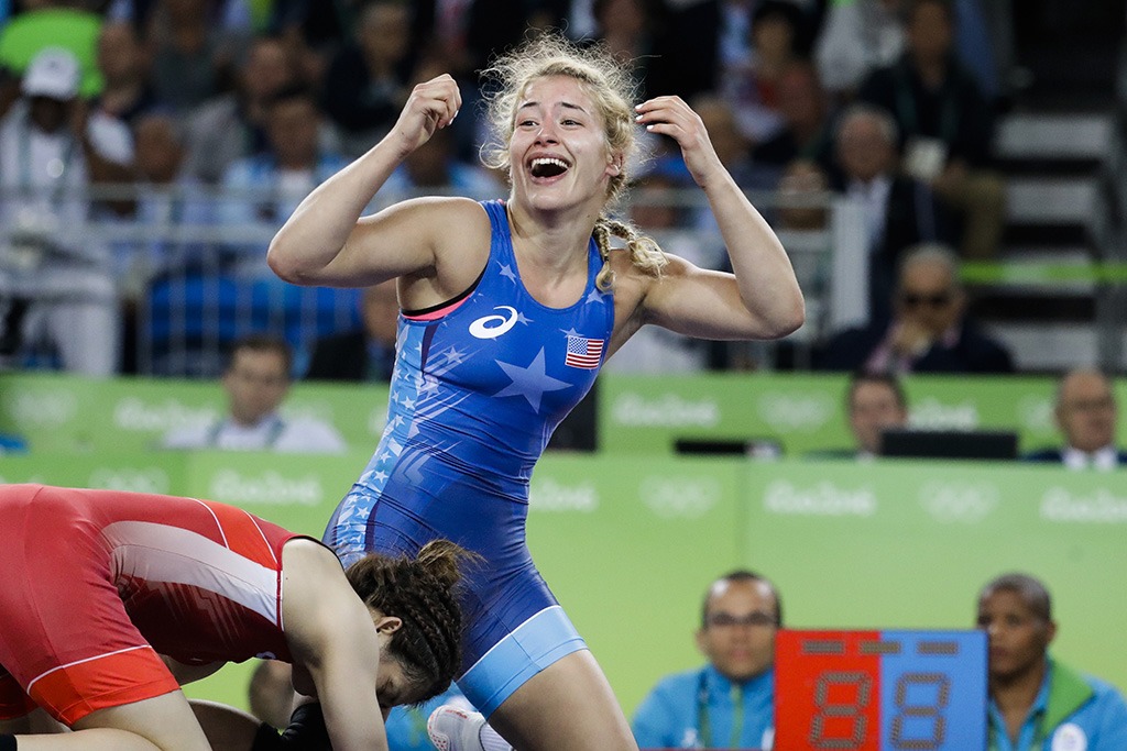 Helen Maroulis exults as time expires in the gold medal match