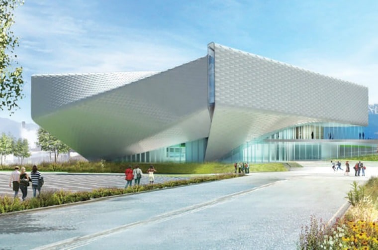 Exterior photo of the museum with people walking along the road to enter.
