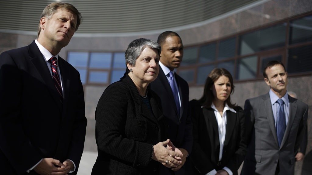 From left, U.S. Ambassador to Russia Michael McFaul, former Homeland Security Secretary Janet Napolitano, Assistant to the President and Deputy Chief of Staff Robert Nabors, hockey player Caitlin Cahow and figure skater Brian Boitano attend a news conference.