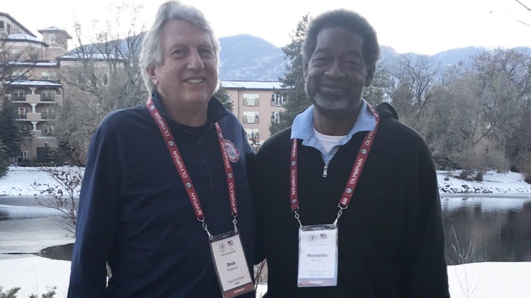 Dick Fosbury and Reynaldo Brown share a smile as they pose for a photo at the Broadmoor