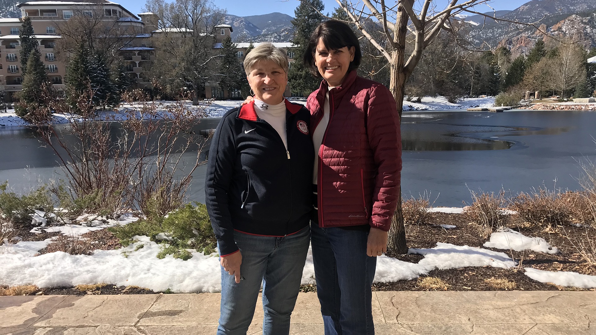 Carol Lindsey and Kim Clarke pose for a photo outside the Broadmoor