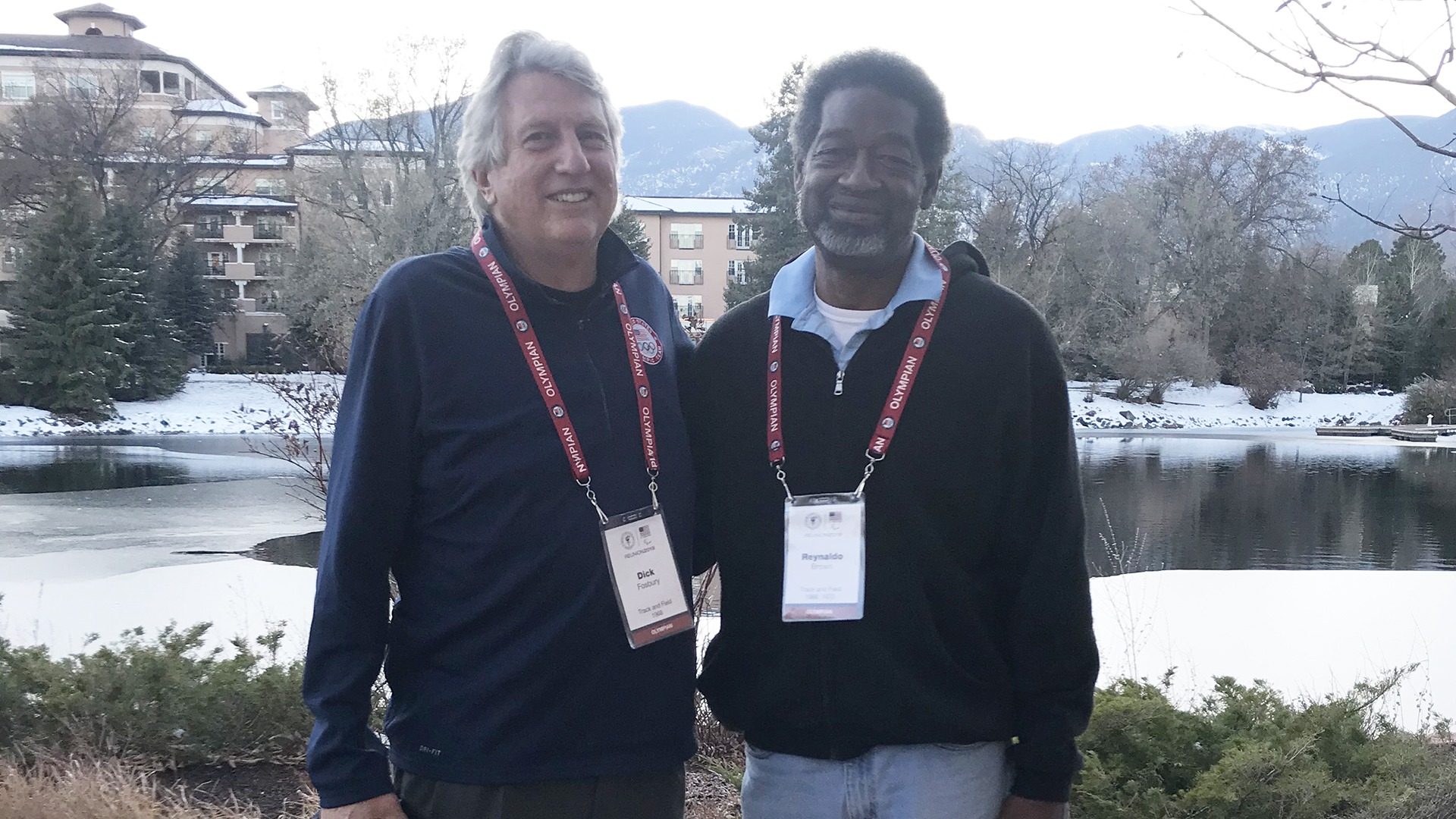 Dick Fosbury and Reynaldo Brown pose for a photo outside the Broadmoor