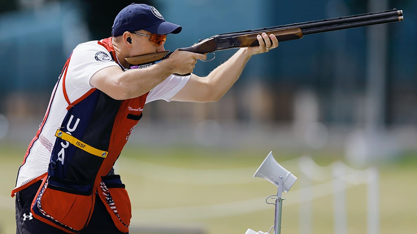 Vincent Hancock is focused and aims his rifle before shooting