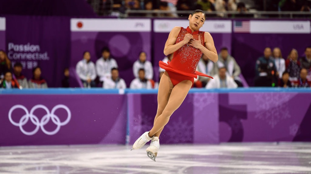 Mirai Nagasu lands a jump during Olympic competition