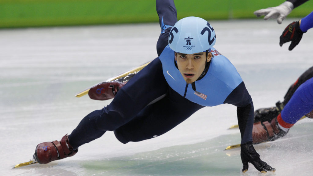 Apolo Ohno competing in a speedskating race