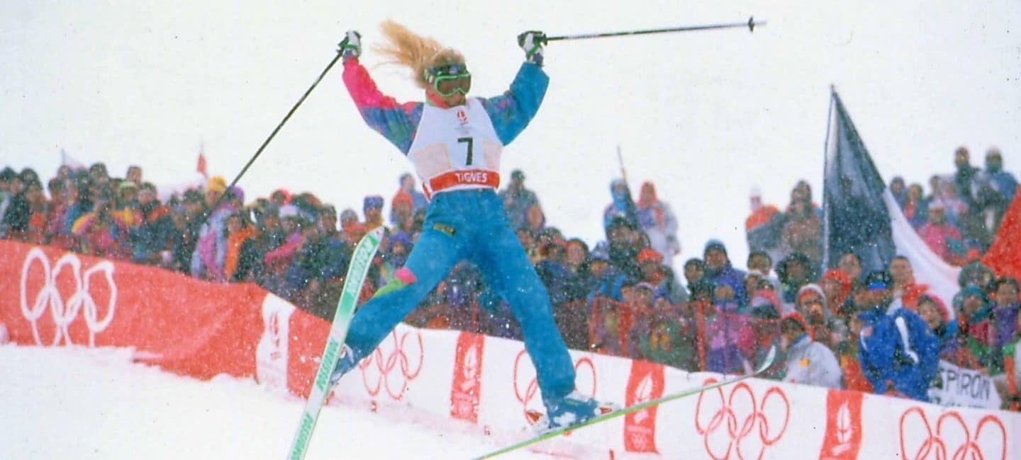 Donna Weinbrecht skiing at the Albertville 1992 Winter Olympics
