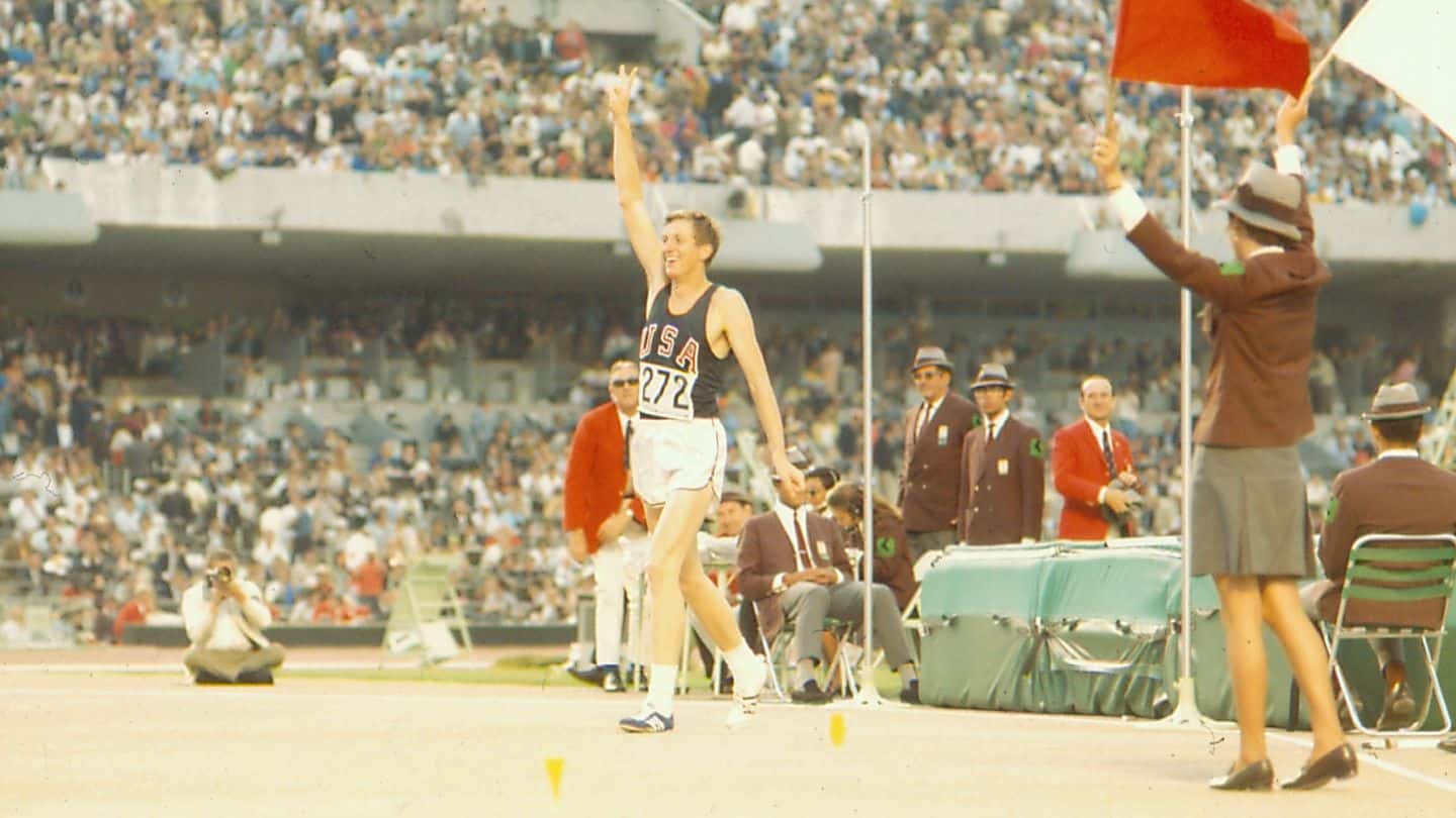 Dick Fosbury (USA) gold medalist in men's high-jump; Mexico City 1968 Olympic Games
