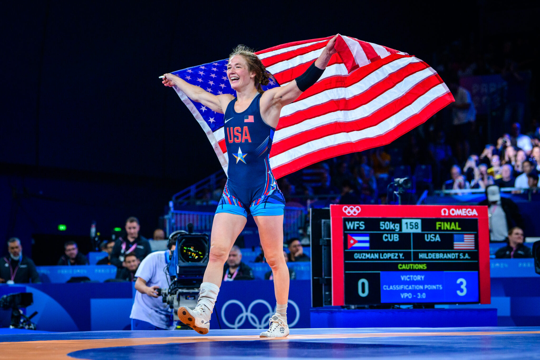 Image of sarah hildebrandt at the 2024 Paris Games after winning gold in wrestling