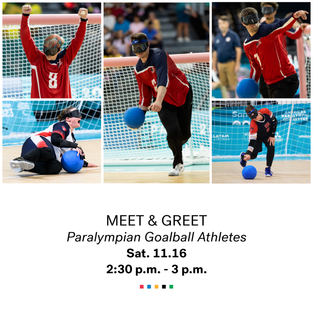 Collage of goalball athletes with text of their meet and greet