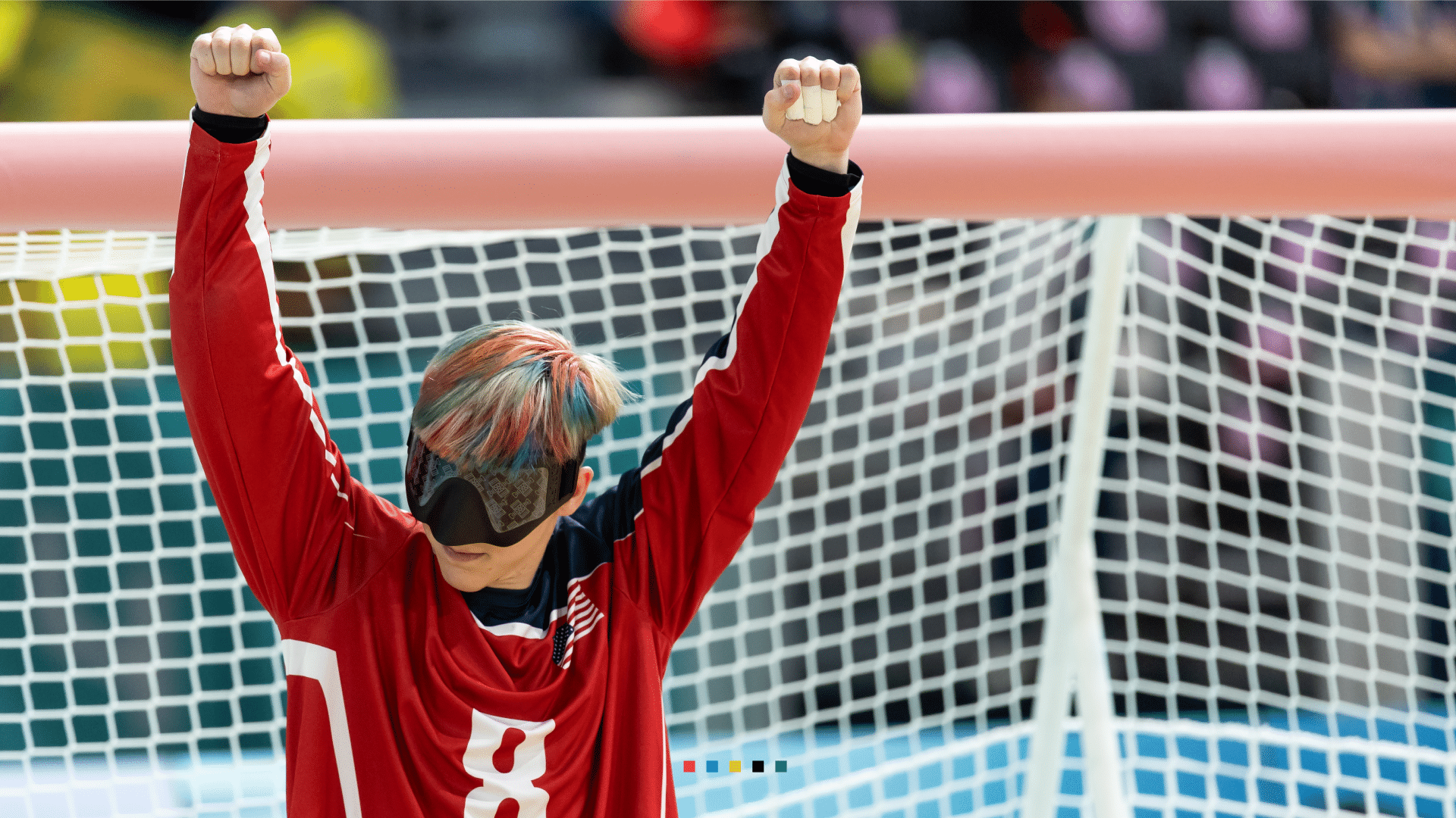 Picture of Christian King goalball athlete with their hands up