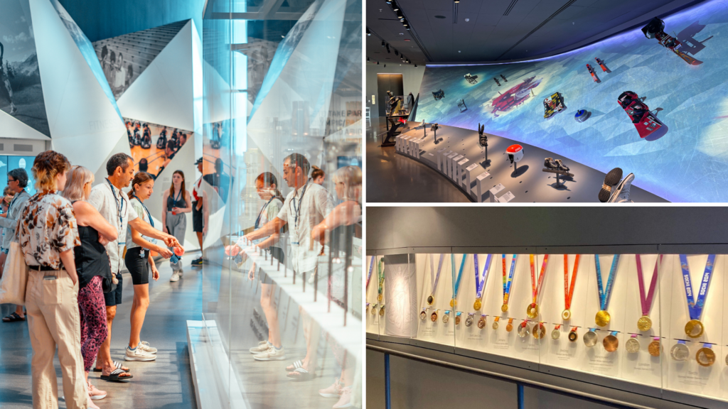 Collage photo of Olympic torches, Olympic medals, and the Winter Games floor