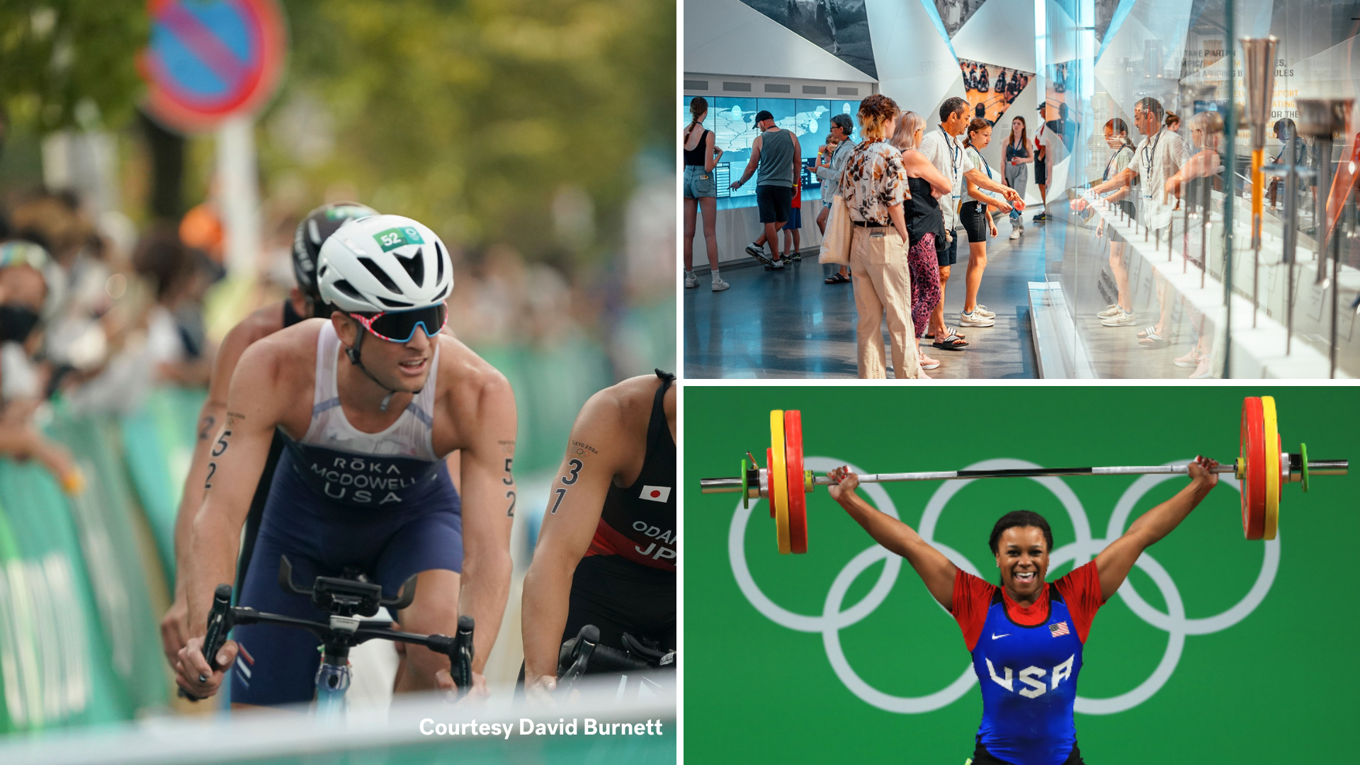 Collage photo of guest looking at Olympic torches, Kevin McDowell riding a bike and Jenny Arthur weightlifting