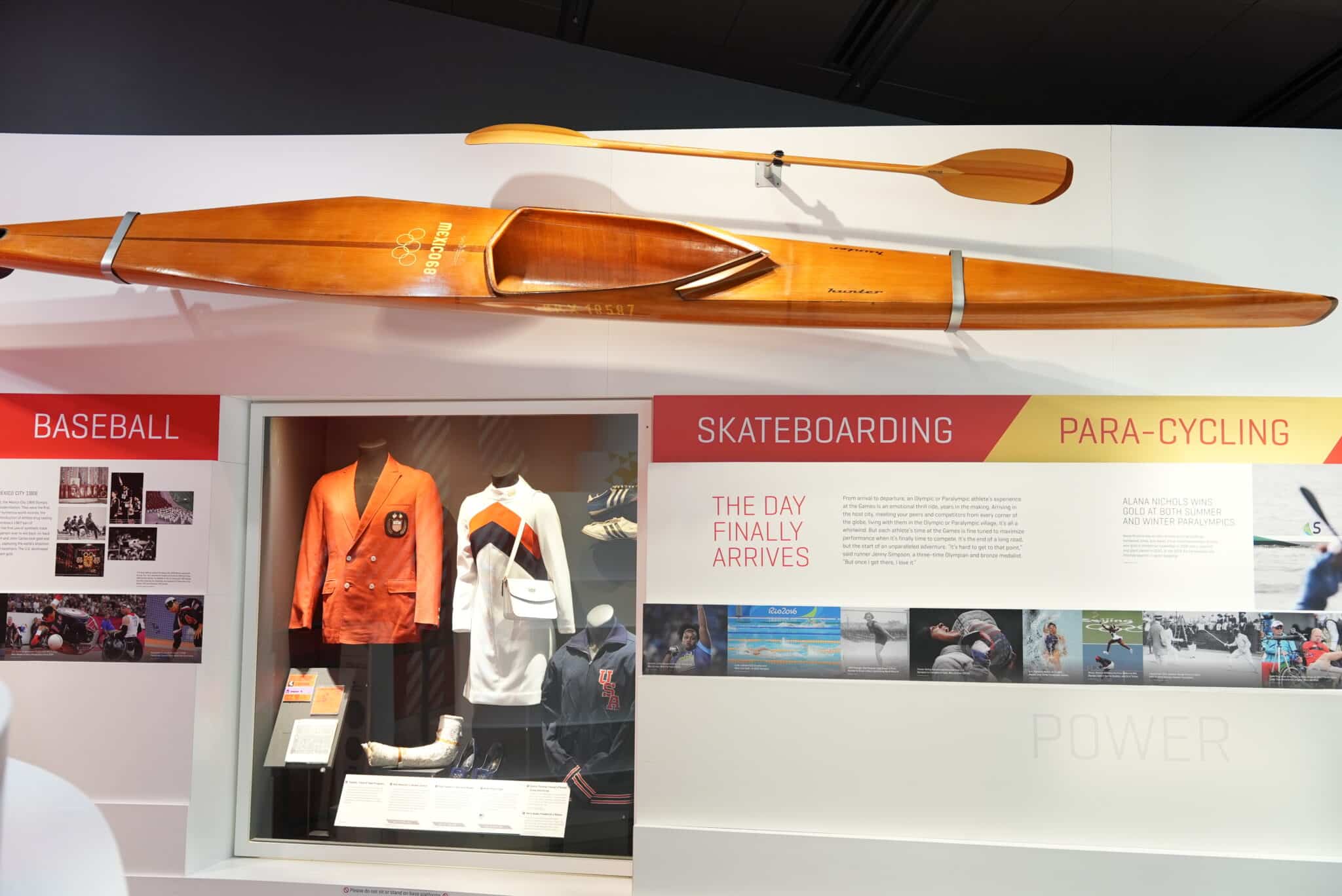 1968 Artifacts from the Mexico City Games featuring a kayak, program, uniforms and Dick Fosbury items