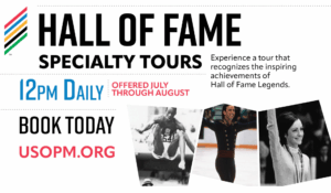 "Promotional graphic for Hall of Fame Specialty Tours at the U.S. Olympic & Paralympic Museum. Text reads: 'Hall of Fame Specialty Tours – 12 PM Daily, Offered July Through August. Experience a tour that recognizes the inspiring achievements of Hall of Fame Legends. Book Today at USOPM.ORG.' The graphic includes three images of Olympic and Paralympic legends: an athlete mid-long jump, a figure skater with arms raised, and a gymnast smiling with one arm up. The museum's multicolor stripe logo appears in the top left corner.