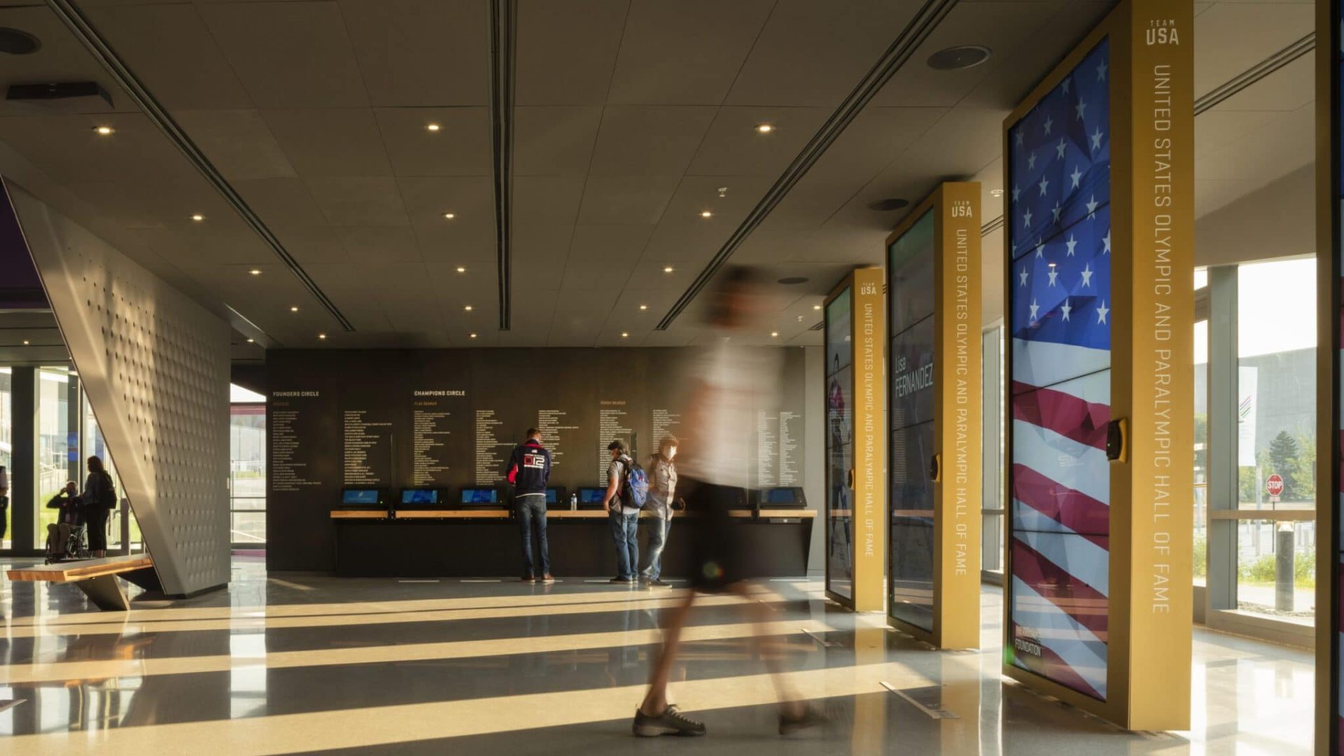 In the lobby, guests are able to register for their personal digital locker and learn about the members of the U.S. Olympic & Paralympic Hall of Fame.